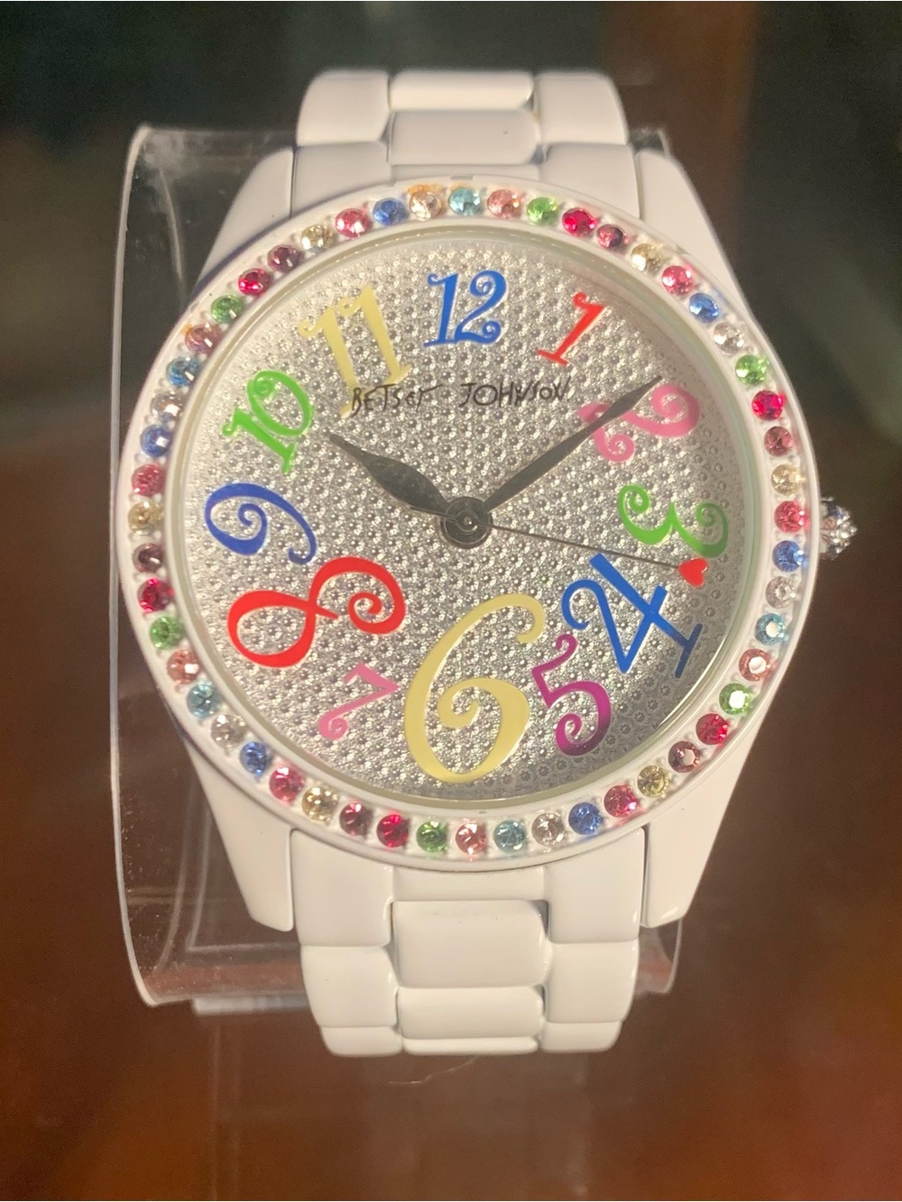 Betsey Johnson White Bracelet Watch with Multicolor Crystal Accents